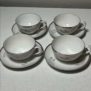 Vtg Fukagawa Arita Hand Painted “Silver Wheat” Cup Saucers Set 4 Platinum Trim